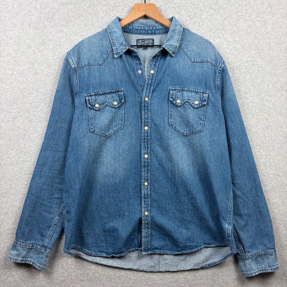 Lucky Brand Shirt Mens XL Blue Denim Sawtooth Pearl Snap Long Sleeve Western